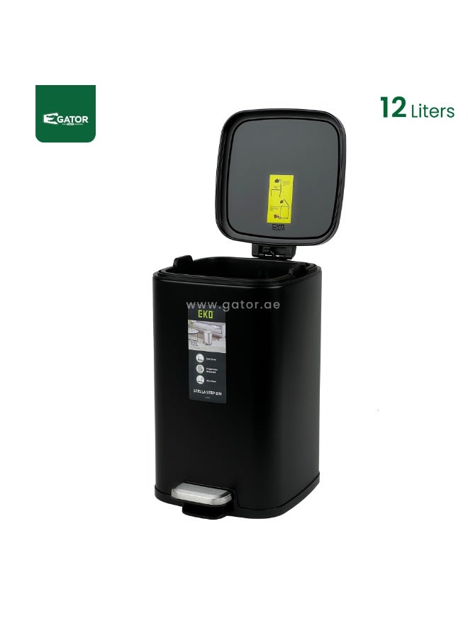 EKO Stella Step Bin | Stainless Steel Pedal Trash Bin with Soft Close Lid | Fingerprint Resistant Indoor Waste Bin | 12L | Black - Image 2